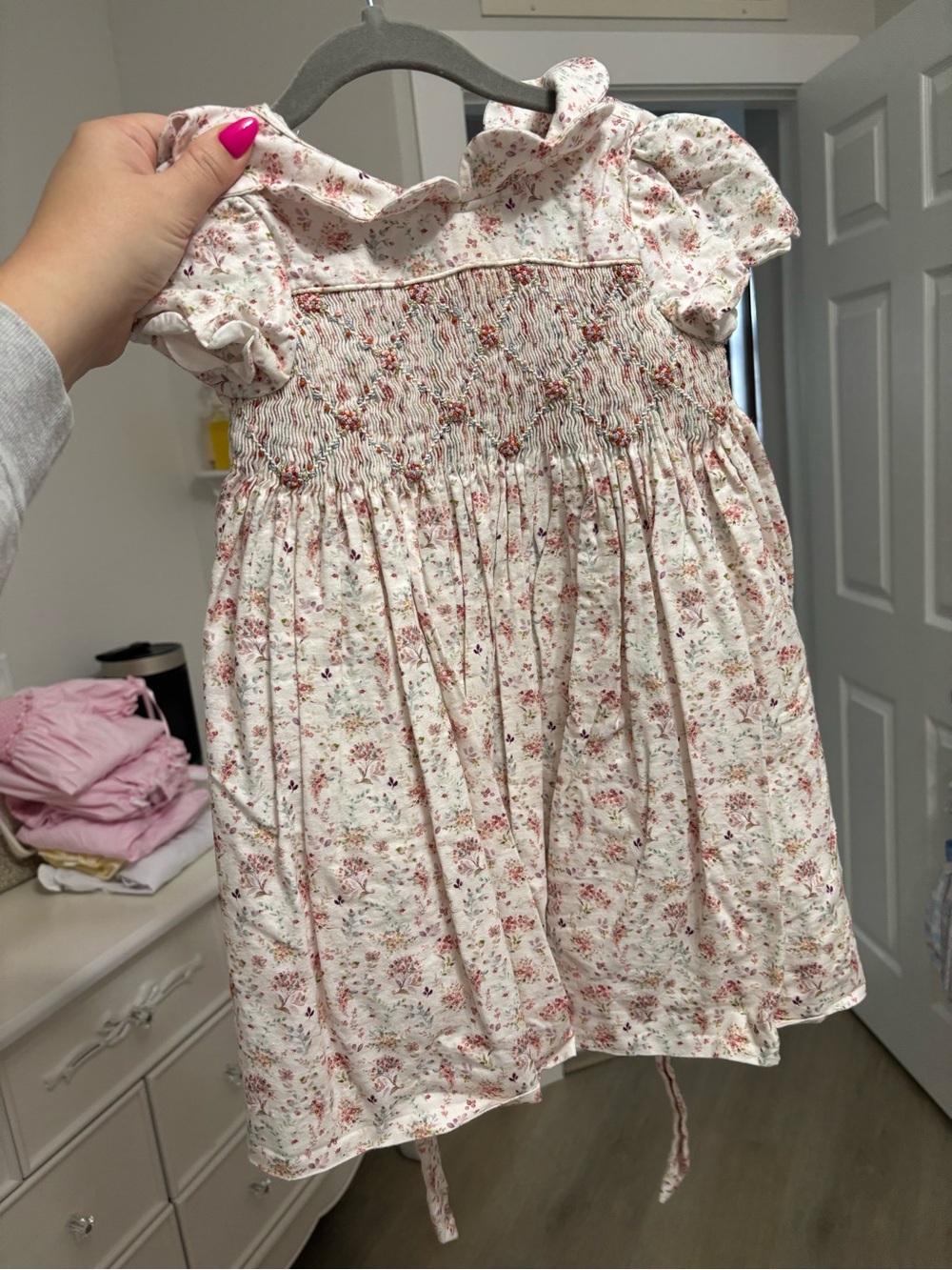 Luli & Me Pink Cream Floral Smocked Dress